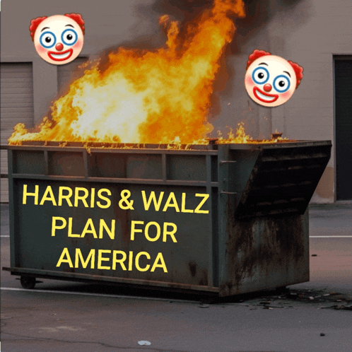 a dumpster that has the words harris & walz plan for america on it