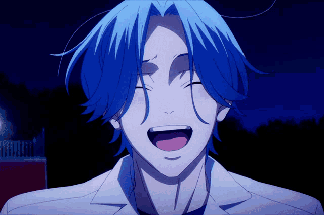 a blue haired anime character with his mouth open and his eyes closed