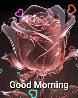 a pink rose with hearts around it and the words good morning