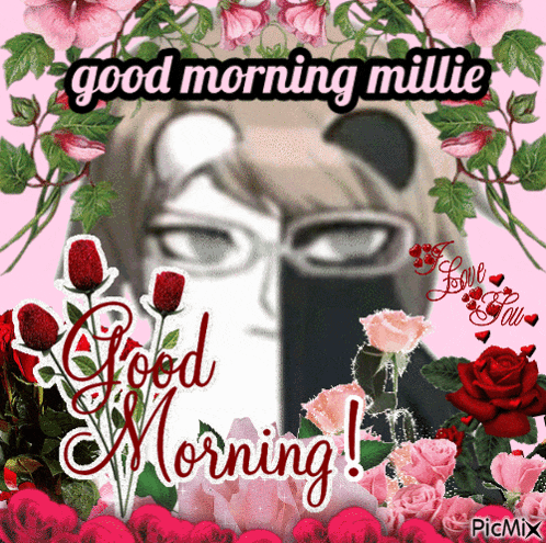 a good morning millie greeting card with flowers and a panda