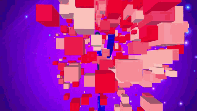 a purple background with a bunch of red cubes floating in the air