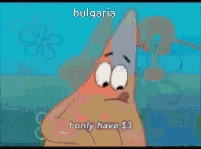 a cartoon of patrick star holding a tomato with the word bulgaria on it