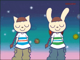a cartoon of a cat and a rabbit with konami written on the bottom right