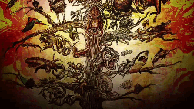 a painting of a tree with many different animals and birds on it