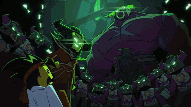 a cartoon drawing of a man standing in front of a group of monsters with horns