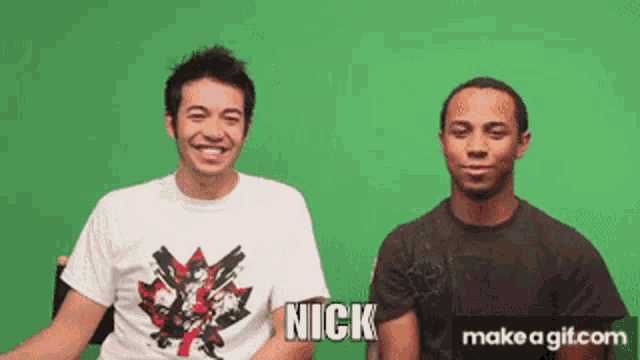 two men are sitting in front of a green screen and one of them is called nick