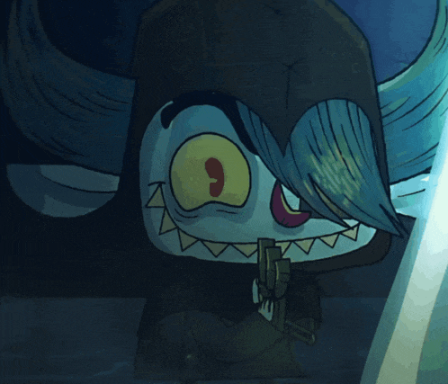 a cartoon drawing of a monster with horns and a yellow eye