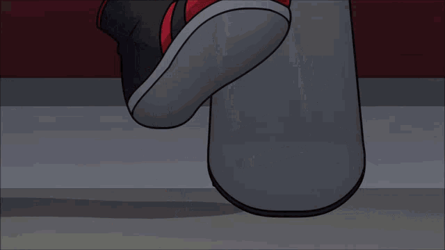 a cartoon character is riding a skateboard with a red and black shoe on