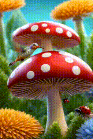 a hummingbird is perched on a mushroom in a garden