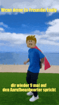 a man in a blue shirt and a red cape is standing on a beach