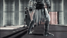 a man in a costume is standing in a room with a gun .