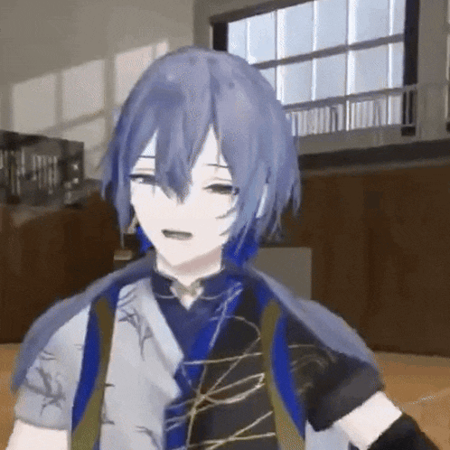 a 3d anime character with long blue hair is standing in a room with a window .