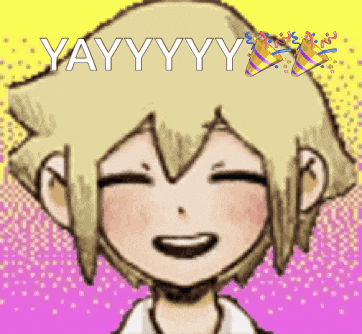 a pixel art of a boy smiling with the words yay yyy written above him