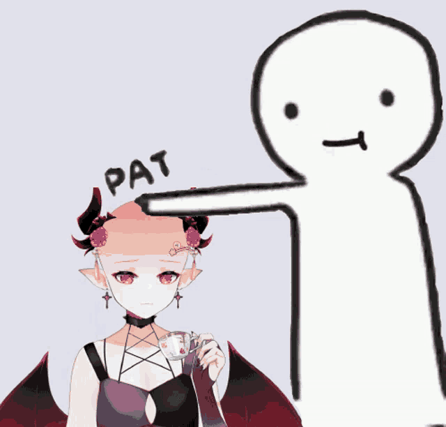 a cartoon drawing of a woman with red eyes and wings being patted by another person