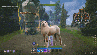 a screenshot of a video game shows a sheep standing in front of a statue