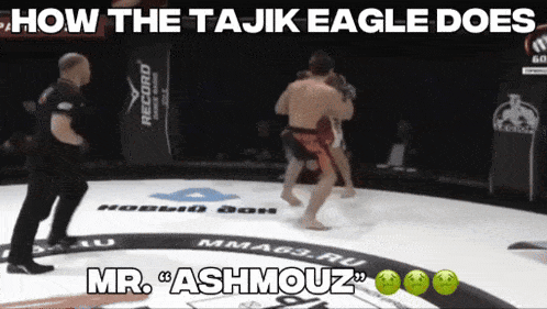 a screenshot of a boxing match with the caption how the tajik eagle does mr. ashmouz
