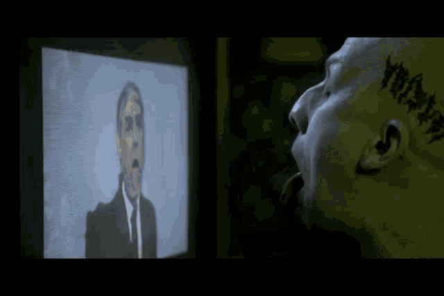 a man with a tattoo on his ear is looking at a cartoon of a man