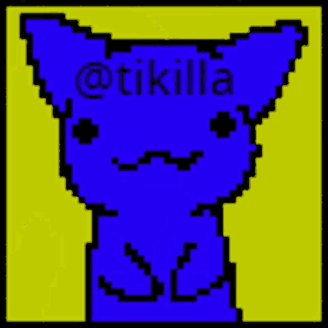 a pixel art drawing of a blue cat with a yellow background