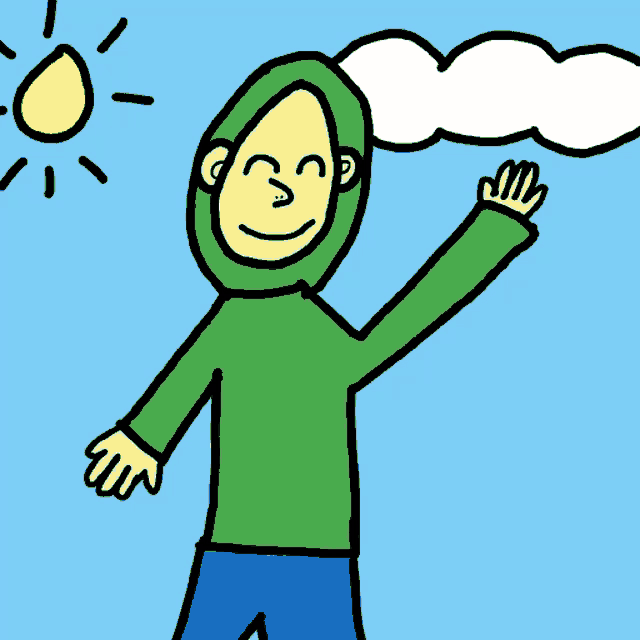 a cartoon drawing of a person wearing a green hoodie and blue pants