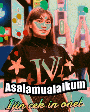 a woman wearing a louis vuitton t-shirt is standing in front of a sign that says " assalamualaikum "