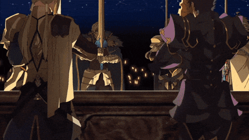 a group of warriors are standing in front of a window and one of them has a sword that says ' i '
