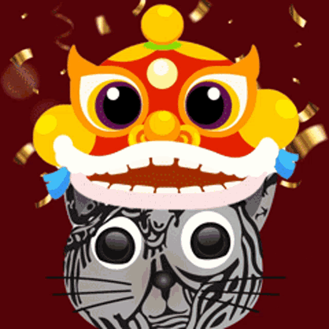 a cartoon cat wearing a lion mask with confetti around it