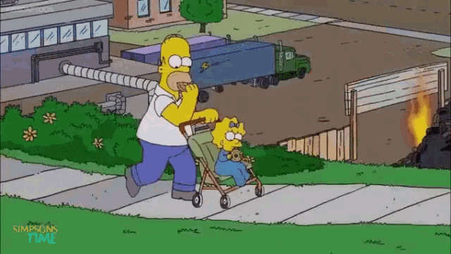 a cartoon of homer simpson pushing a stroller with maggie in it