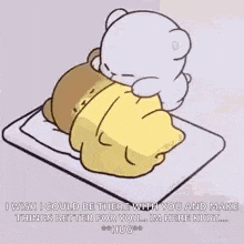 a cartoon of a teddy bear putting a blanket on another teddy bear 's head .