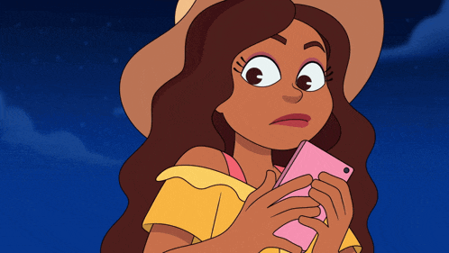 a cartoon girl wearing a hat is smiling while holding a pink phone