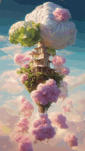 a painting of a house surrounded by clouds and flowers