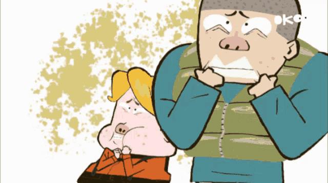 a cartoon of a man and a boy with the word ok on the bottom left