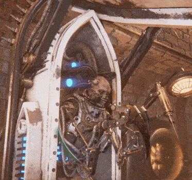 a robot with a skull on its head is sitting in a room with a brick wall