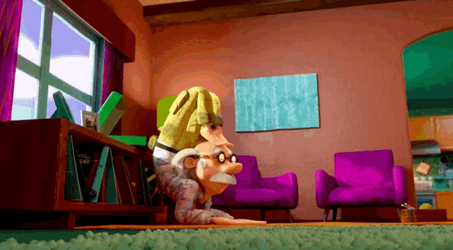 a cartoon character with glasses and a mustache is crawling on the floor in a living room