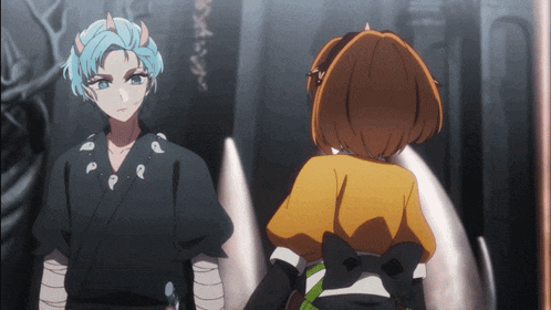 two anime characters are standing next to each other and one has blue hair