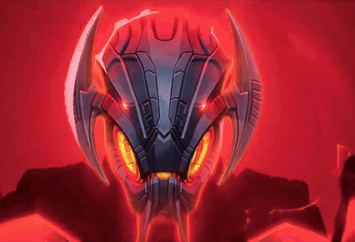 a close up of a robot 's face with red eyes