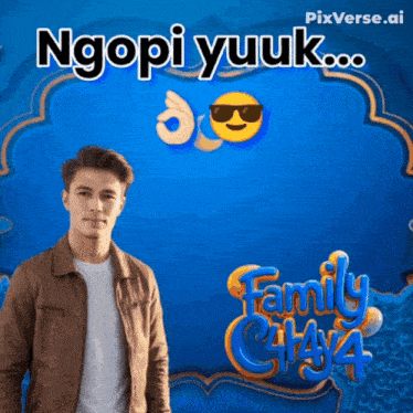 a man is standing in front of a blue background with the words ngopi yuuk
