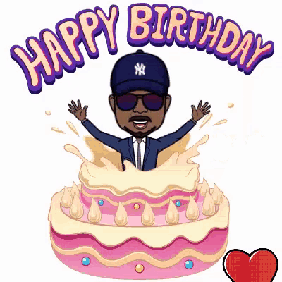 a cartoon of a man standing on top of a birthday cake with the words happy birthday above him .