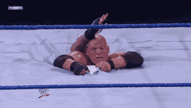 a wrestler is laying on the ground in a wrestling ring with a wwe logo in the background