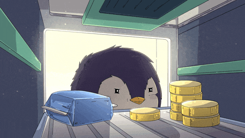 an illustration of a penguin looking out of a refrigerator window