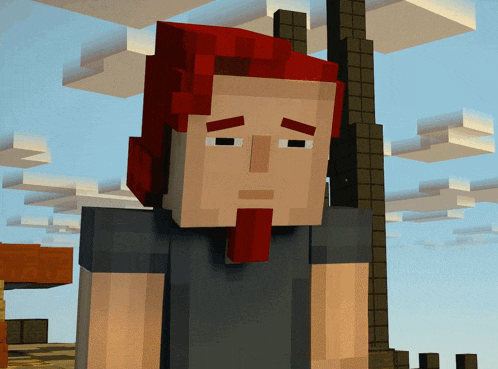 a minecraft character with red hair and a beard looks sad