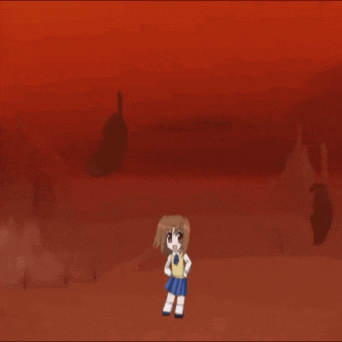 a cartoon girl is standing in a desert with a red sky in the background