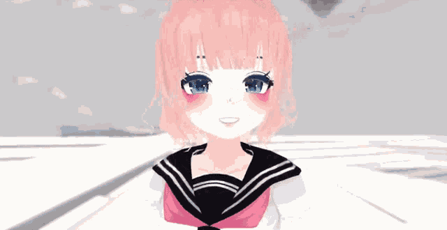 a cartoon girl with pink hair and blue eyes