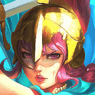a woman with pink hair wearing a helmet and holding a sword .