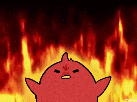 a cartoon character is standing in front of a wall of flames .