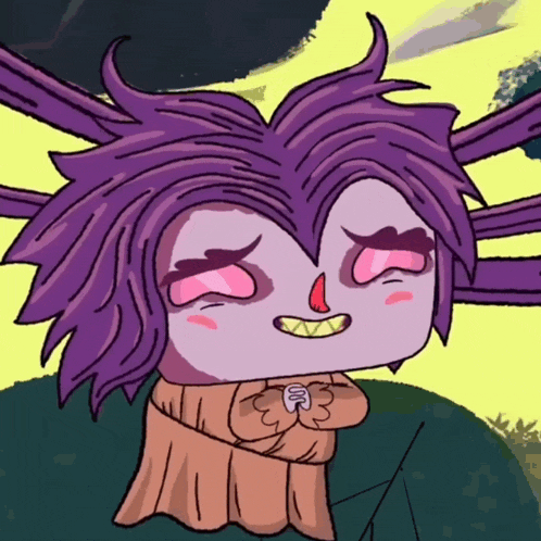 a cartoon character with purple hair and a red nose has the letter o on his chest