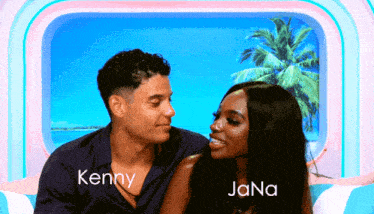 a man and a woman are looking at each other with the name kenny and jana written on the bottom