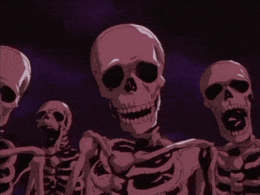 a group of skeletons are standing in a dark room with their mouths open