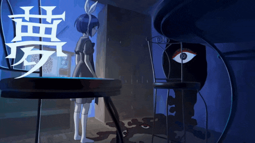 a drawing of a girl standing next to a chair with chinese writing