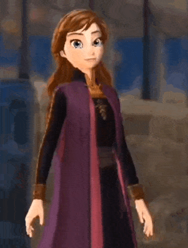 anna from frozen is waving her hands in the air while wearing a purple dress .