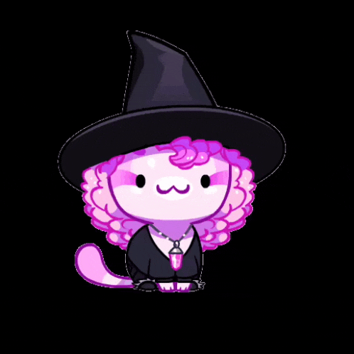 a cartoon axolotl is wearing a witch hat and necklace .